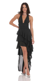 Asymmetrical Ruffle Maxi Dress in Black