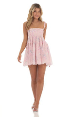 Dotted Floral Babydoll Dress in Pink