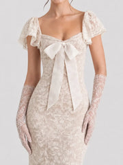 Cap Sleeves Lace Midi Dress with Satin Bow