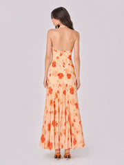 3D Flower Ruched Halterneck Maxi Dress