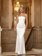 Strapless Boned-Corset Draped Satin Fishtail Maxi Dress