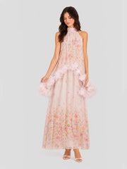 Watercolor Floral Halter Gown with Floral Trim