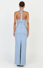 Baya Maxi Dress - Gathered Plunge Neckline Halter Dress in Pale Blue