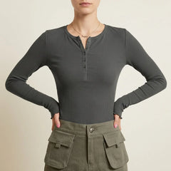 Women's Ribbed Henley Long-Sleeve Top | Soft Button-Placket Everyday Top