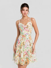 Watercolor Spaghetti Strap Eyelet Floral Mini Dress
