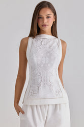 white cotton placement lace broderie anglais boat neck top