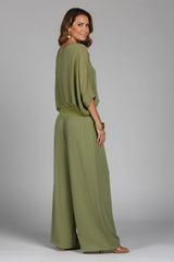 Women's V-Neck Wide-Leg Two-Piece Set | Batwing Blouse & Trousers
