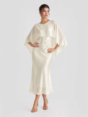 Beaded 3D Flower Embroidery Satin Midi Dress