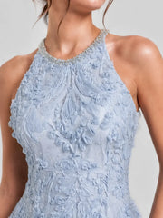 Crystal Trim 3D Floral Lace Halter Mini Dress