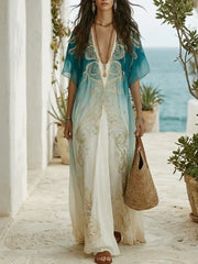 Women's Ombre Kaftan Maxi Dress | Flowing Boho V-Neck Maxi Dress