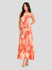Watercolor Halterneck Open Back Maxi Dress