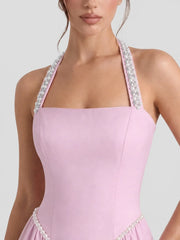 Pearl Straps Satin Halter Maxi Dress