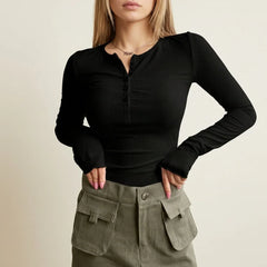 Women's Ribbed Henley Long-Sleeve Top | Soft Button-Placket Everyday Top