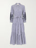 Belted tiered embroidered striped cotton-poplin midi dress
