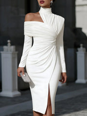 Women's One-Shoulder Draped Midi Dress | Elegant Asymmetric Neckline Dress
