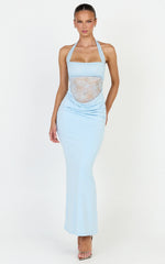 Sienne Maxi Dress - Lace Bodice Draped Cowl Waist Dress in Light Blue