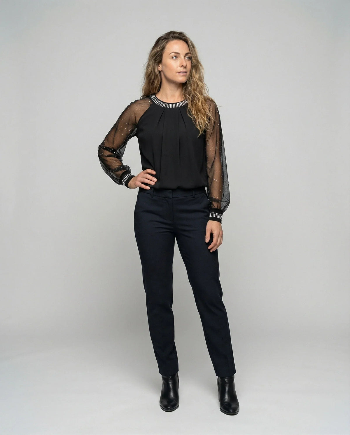 Women's Top | Elegant Mesh Sleeve Blouse with Rhinestone Trim