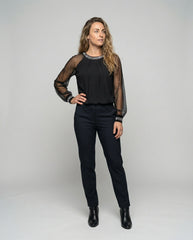 Women's Top | Elegant Mesh Sleeve Blouse with Rhinestone Trim