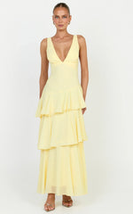 Beryl Midi Dress - Deep V Neck Sleeveless Layered Dress in Lemon