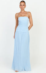 Ashlee Maxi Dress - Strapless Plisse Dropped Waist Split Leg Dress in Light Blue