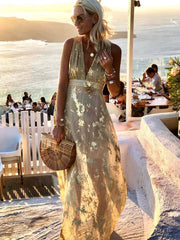 Women's Sleeveless Sequin V-Neck Evening Maxi Dress