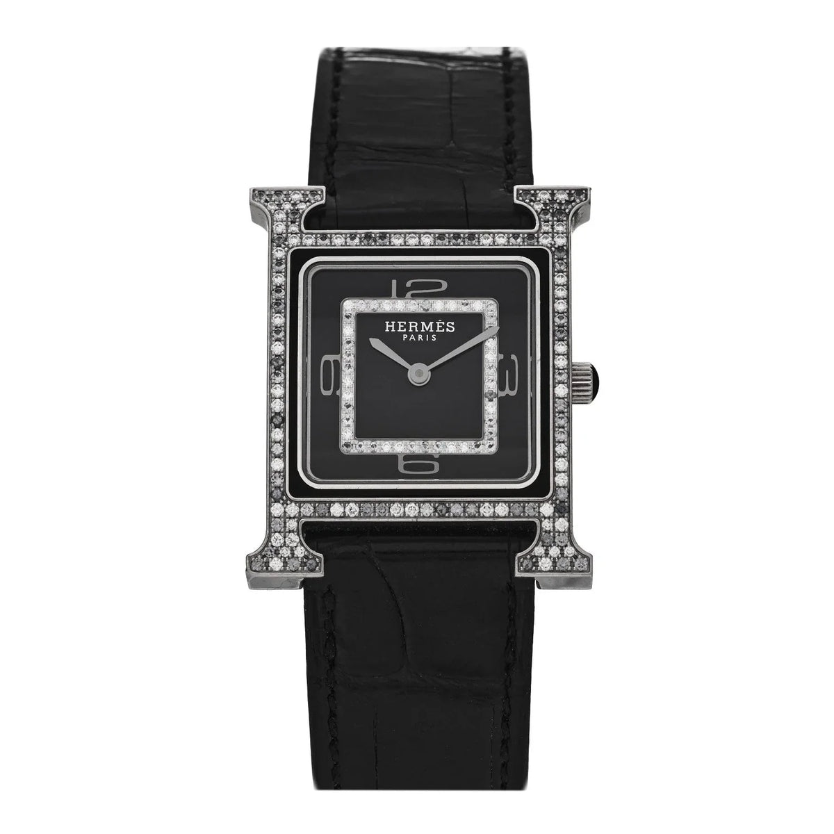 18K White Gold Alligator Diamond Grey Sapphire 26mm Heure H Hour Quartz Watch Noir