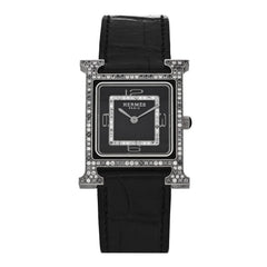 18K White Gold Alligator Diamond Grey Sapphire 26mm Heure H Hour Quartz Watch Noir
