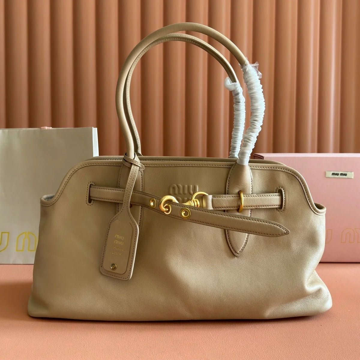 Miu Aventure Shoulder Bag 44cm Beige Nappa Leather