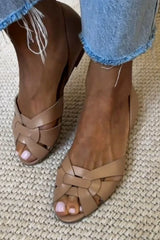 Women's Woven Leather Sandals | Natural Summer Flat Slide Sandals