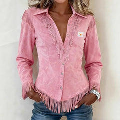 Women's Suede Fringed Shirt | Bohemian Long-Sleeve Button-Up Top