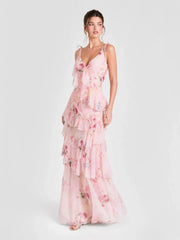Boho Watercolor Floral Tiered Ruffle Maxi Dress
