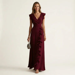 Women's Ruffle Wrap Maxi Dress | Elegant Silky V-Neck Layered-Sleeve Gown