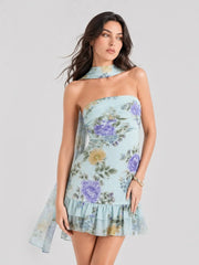 Floral Strapless Scarf Detail Mini Dress