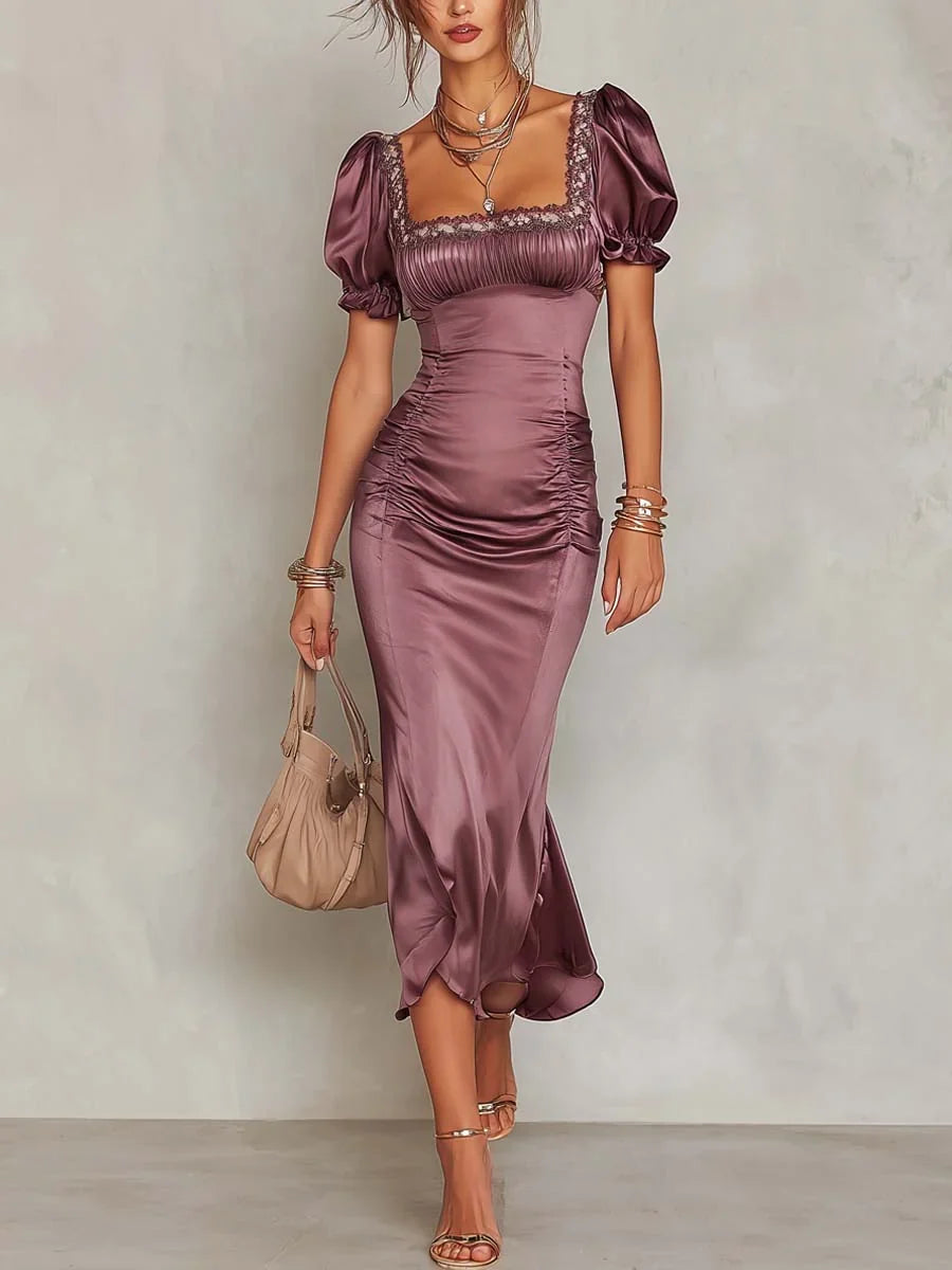 Vintage Square Lace Neck  Ruched Fishtail Midi Dress