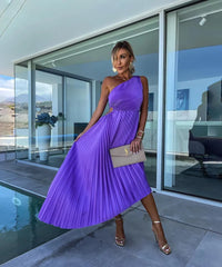 Women's One-Shoulder Asymmetric Midi Dress | Elegant Wedding Guest Evening Dress
