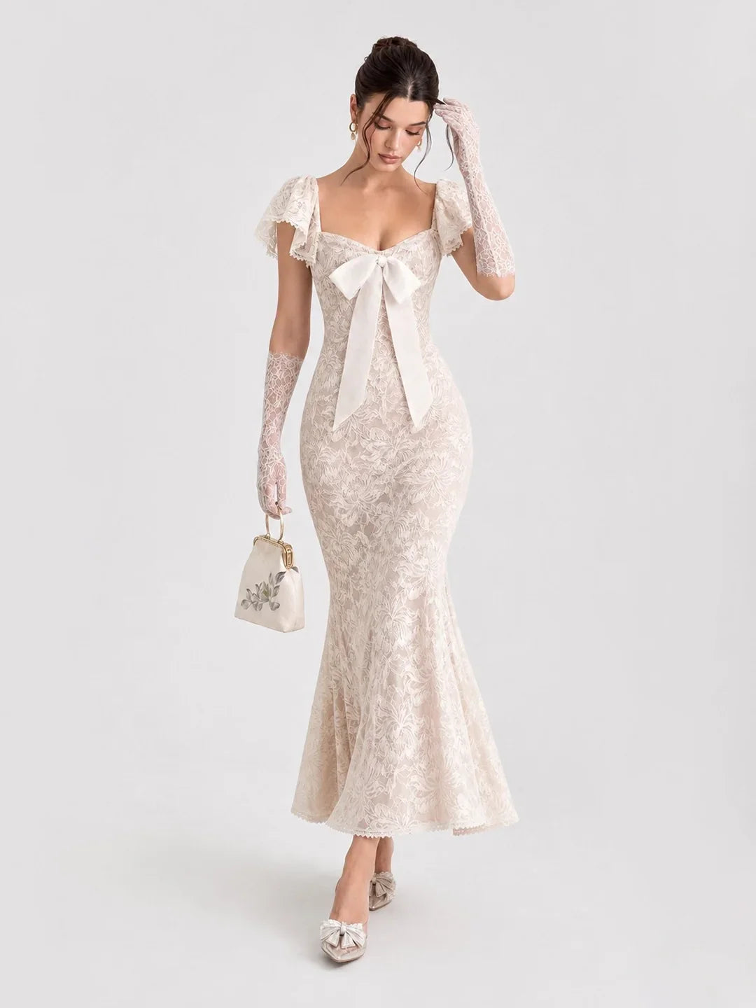 Cap Sleeves Lace Midi Dress with Satin Bow