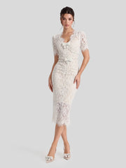 V-Neck Short Sleeves Bowknot Lace Midi Dress
