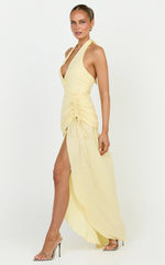 Reef Midi Dress - Plunge Halter Neck Ruched Waist Dress in Lemon
