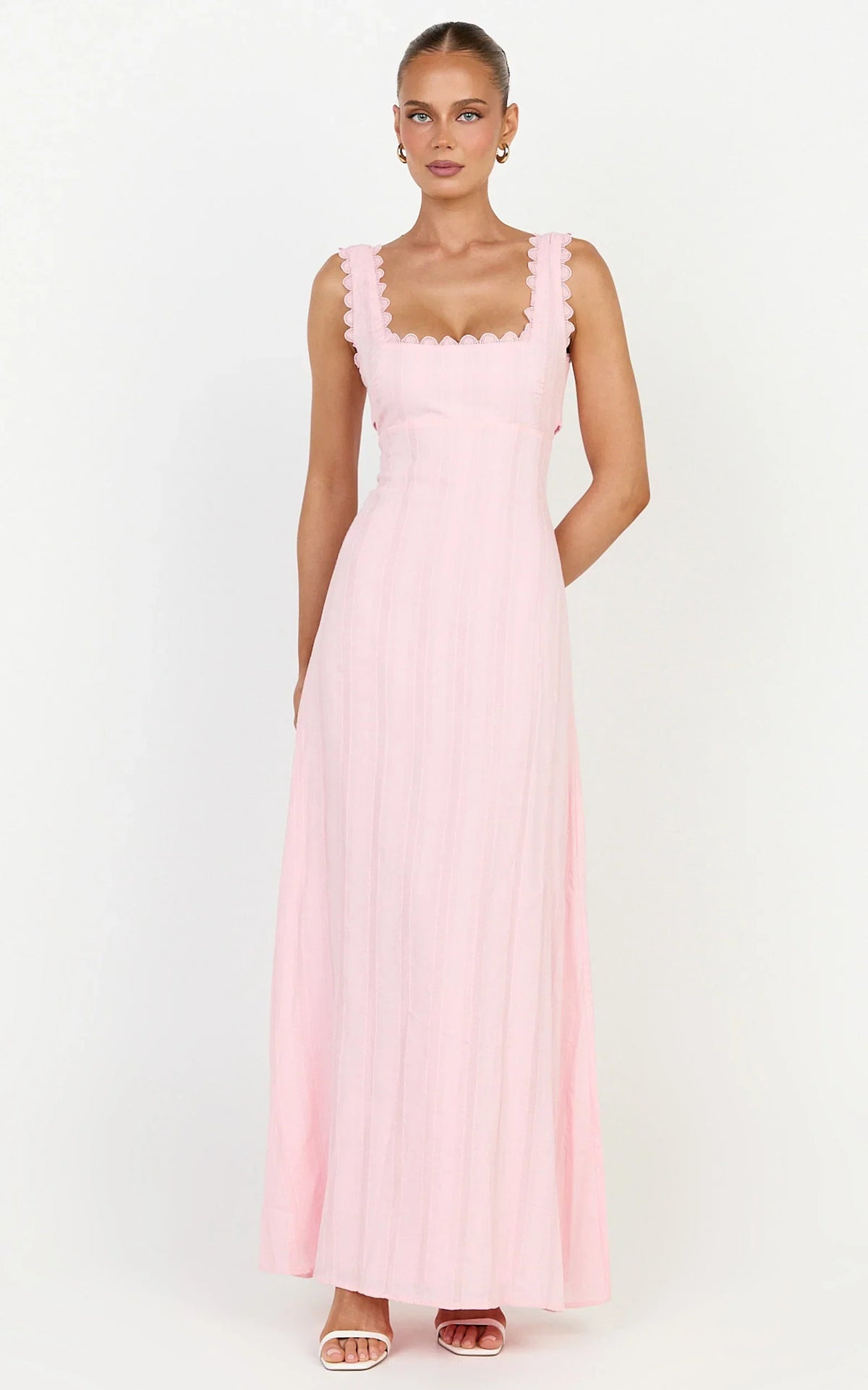 Roxanne Midi Dress - Square Neck Fit And Flare Dress in Pink
