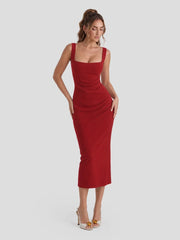Square Neck Ruched Bodycon Midi Dress