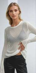 Women's Sheer Ribbed Knit Top | Slim-Fit Long-Sleeve Layering Top