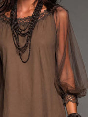 Women's Sheer Crochet-Hem Mini Dress | Boho Long-Sleeve Flowing Mini Dress