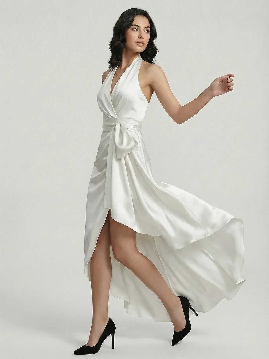 Midnight Elegance Satin Halter Ruffle Gown
