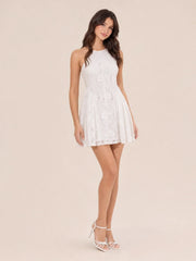 Floral Halter Neck Lace Mini Dress
