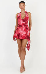 Maila Mini Dress - Wrap Tie Front Halter Neck Dress in Maila Red Floral Print