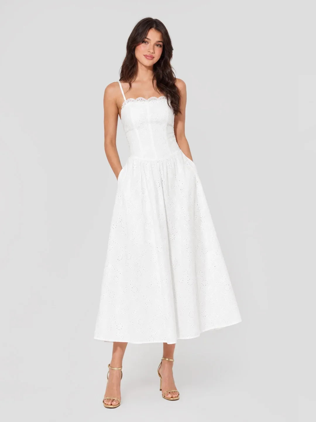 Cotton Eyelet Midi Dress with Lace Trim