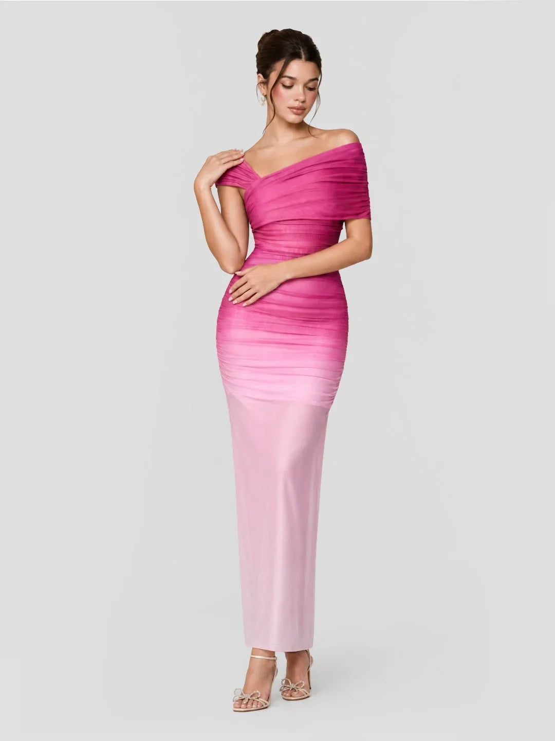 Ombre Sheer Ruched One Shoulder Maxi Dress