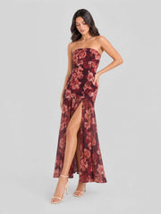 Strapless Dark Floral High Slit Maxi Dress