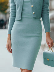 Classic Cropped Knit Cardigan And Midi Dress Set