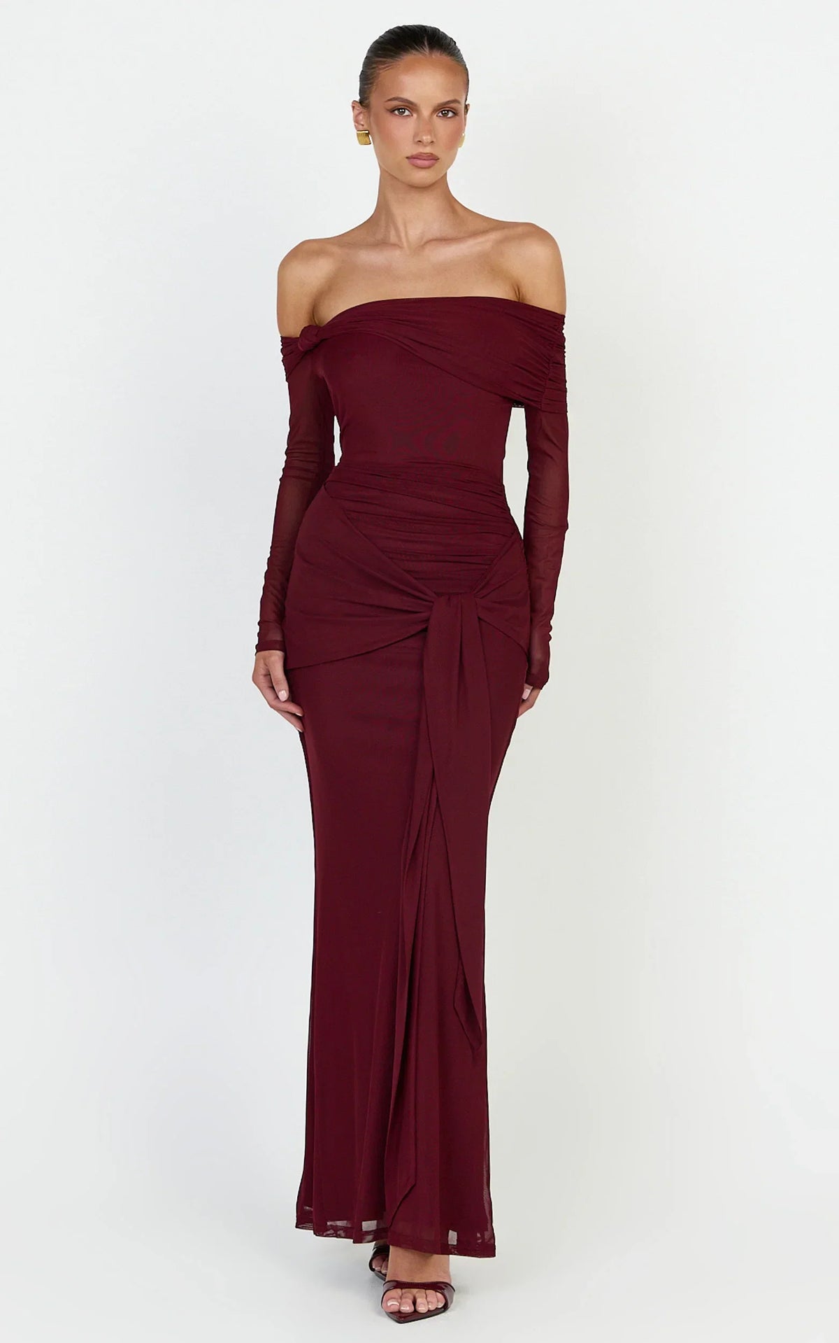 Waverly Maxi Dress - Long Sleeve Off Shoulder Dress in Wine